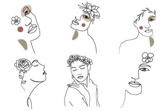 Download Women's Face with Flowers Linear Drawing - Line Collection