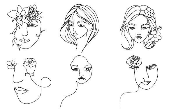 Download Women's Face with Flowers Linear Drawing - Line Collection