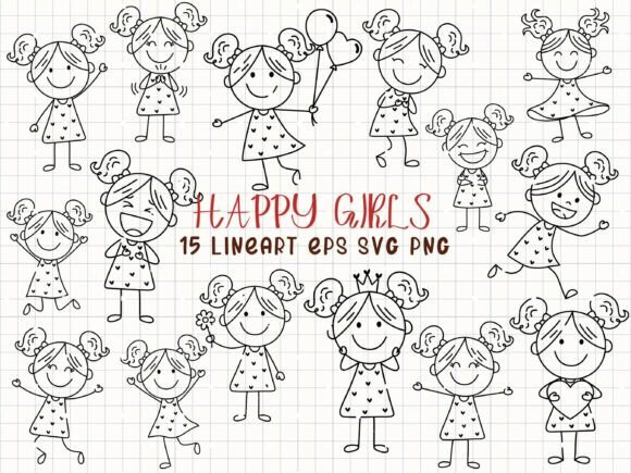 Download Happy Girls Line Art Stick Figure Girl - Line Collection